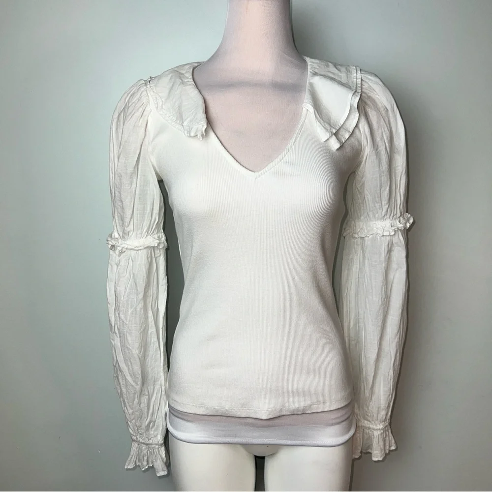 Anthropologie Cream Puff Sleeve Collared Top | Women’s Size XS